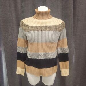 Calvin Klein Striped Fitted‎ Turtleneck Sweater Women Size M Beige Black Gray